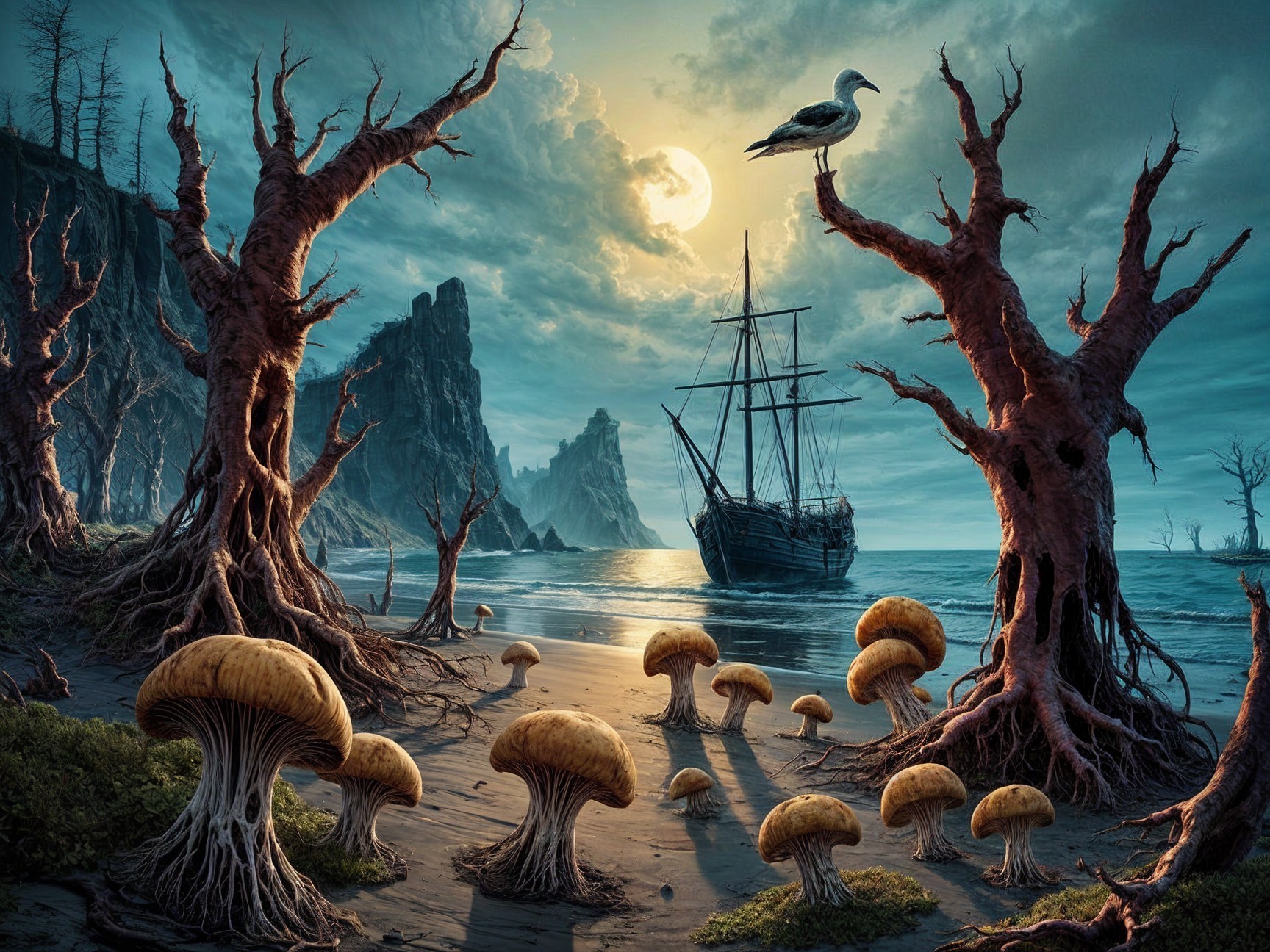 Haunting Coastal Scene with Twisted Trees and Moonlight
