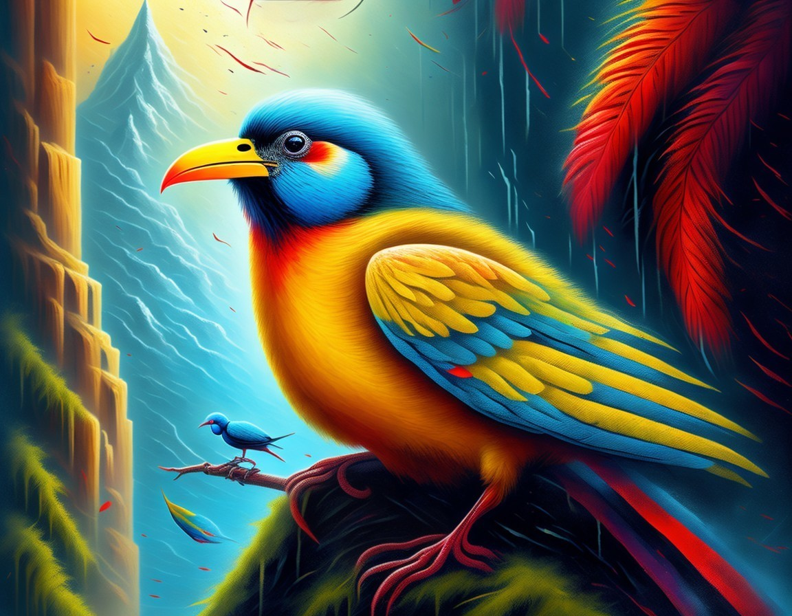 Stylized Bird in Lush Jungle with Waterfalls and Mountains