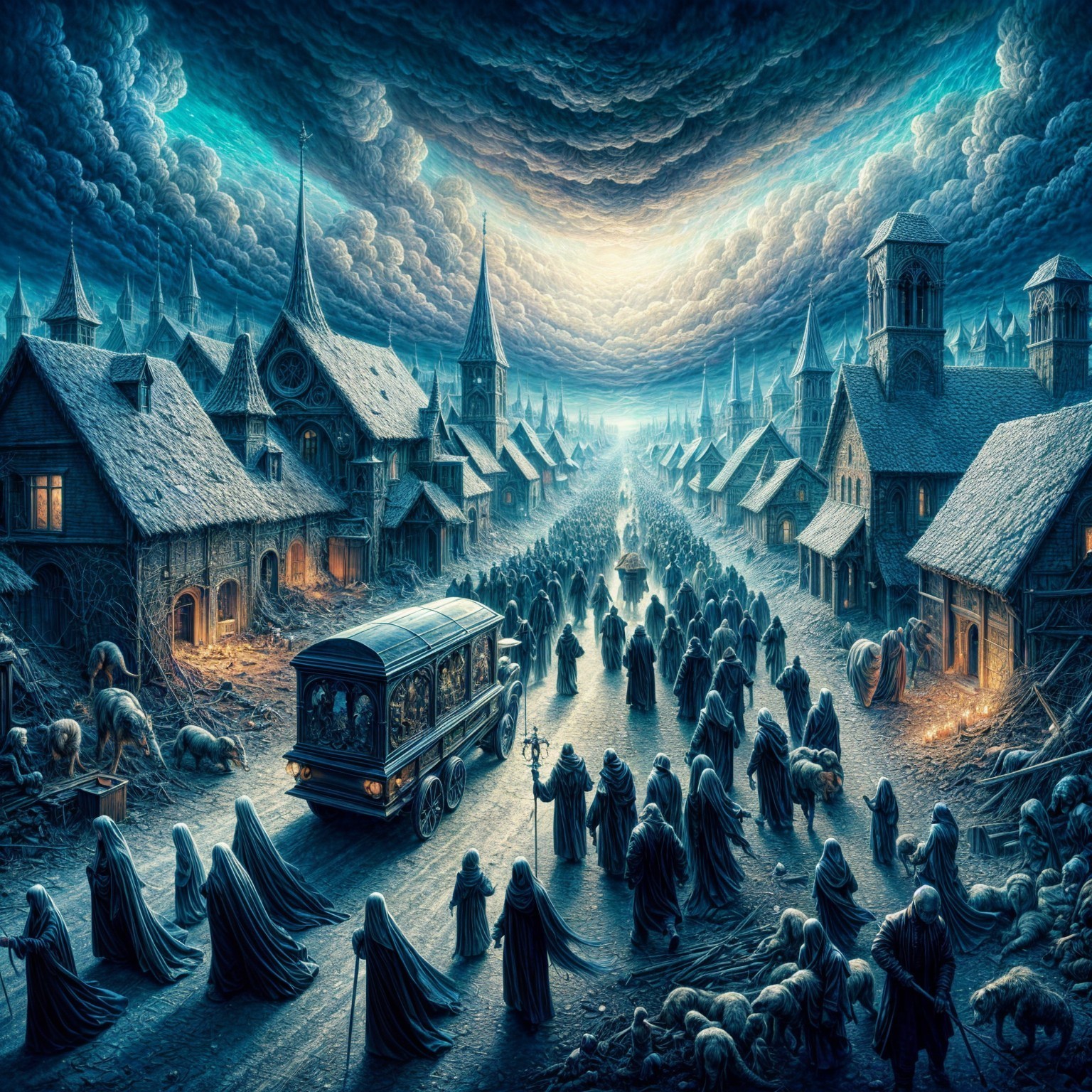 Mysterious Twilight Village with Cloaked Figures