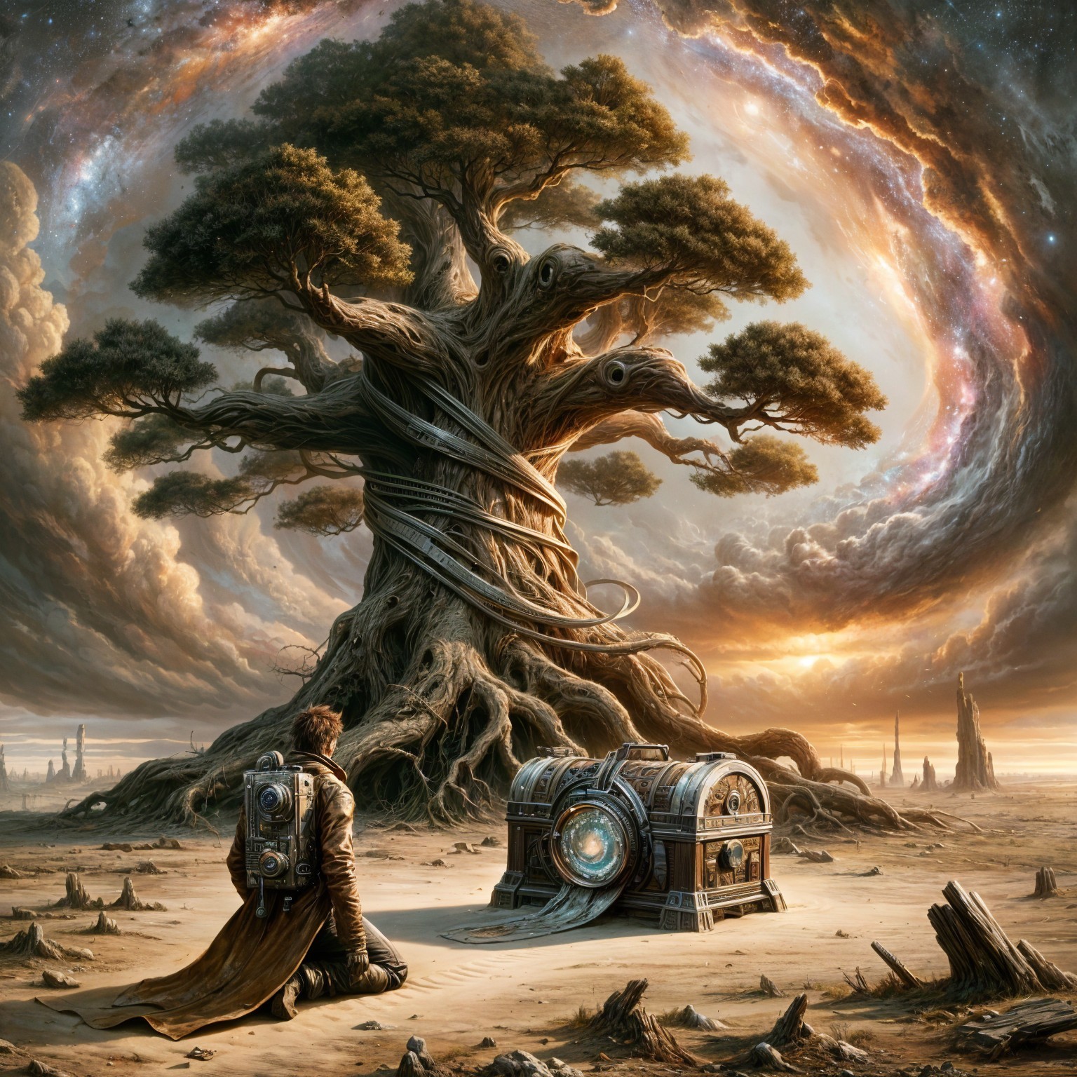 Colossal tree and treasure chest in a surreal landscape