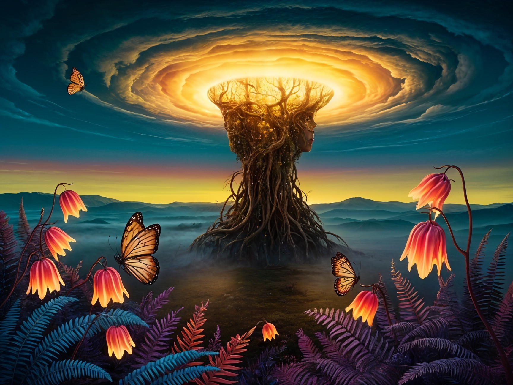 Surreal Landscape with Ethereal Tree and Mystical Elements