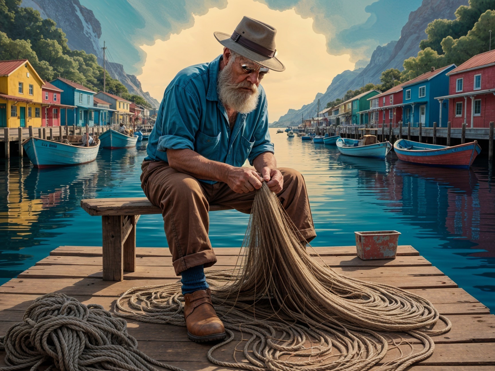 Fisherman Untangling Nets at a Coastal Harbor Dock