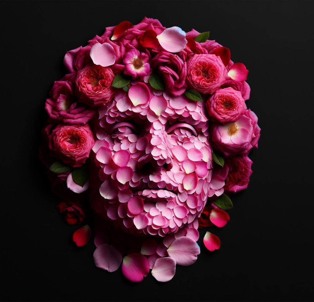 Sculpture of a Head Adorned with Pink Petals