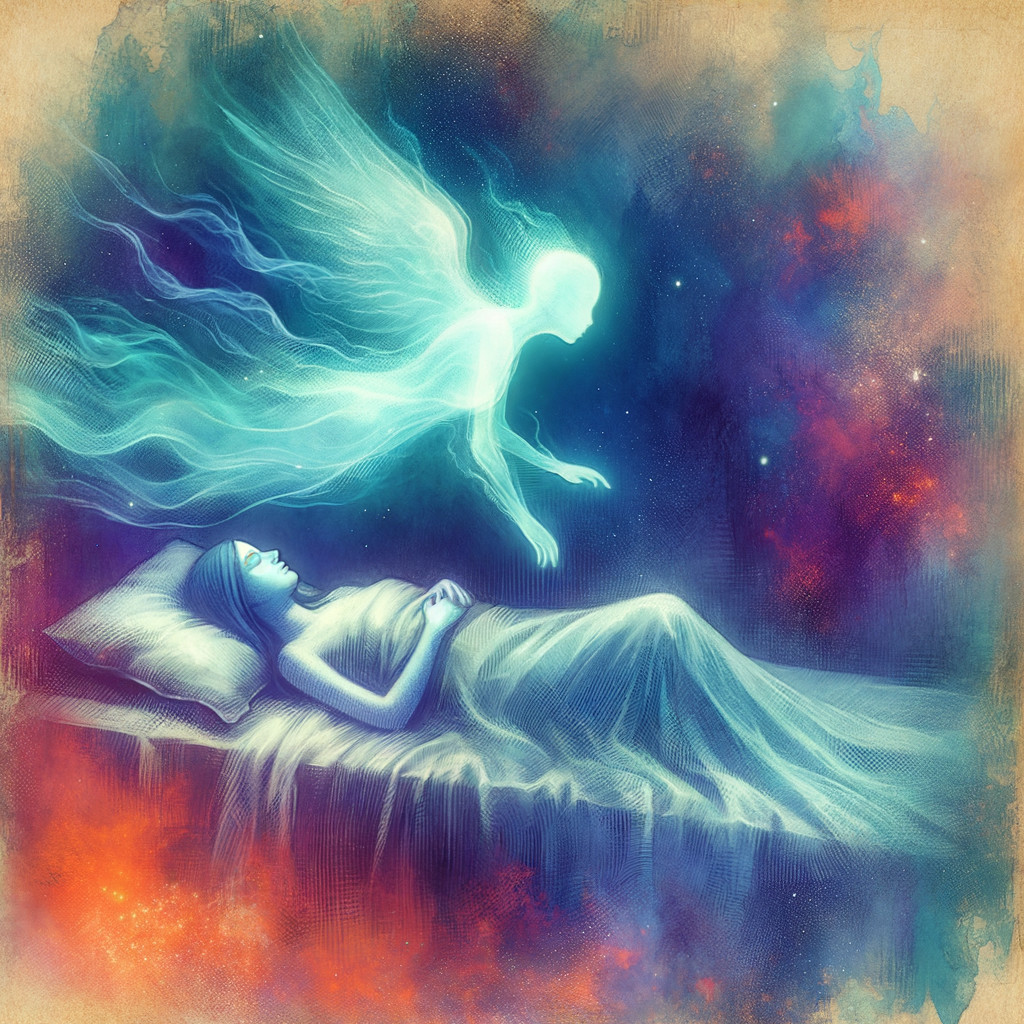 Dreamlike scene with serene figure and glowing spirit