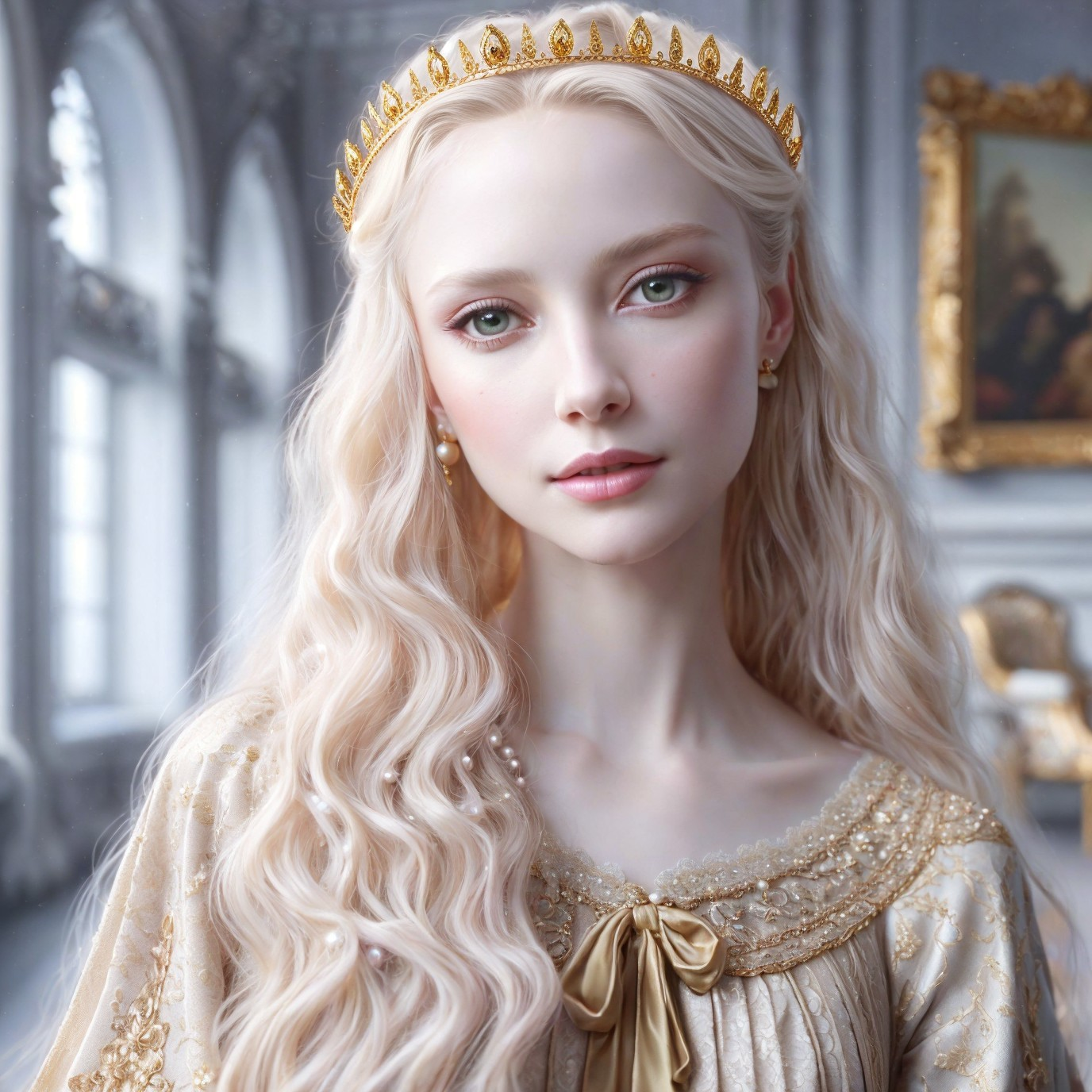Portrait of a Young Woman in Elegant Gown and Crown
