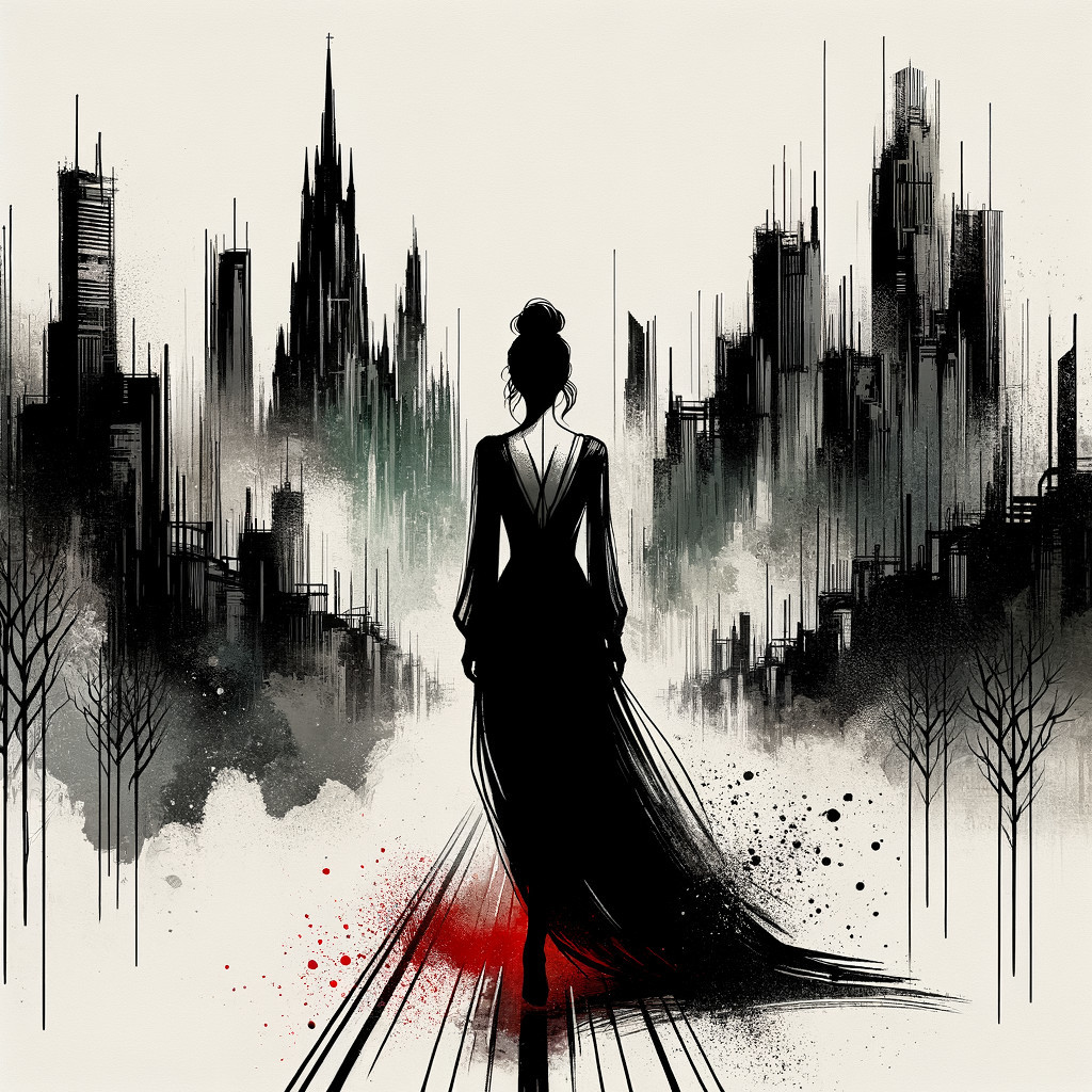 Mysterious Figure in Elegant Dress Overlooking Cityscape