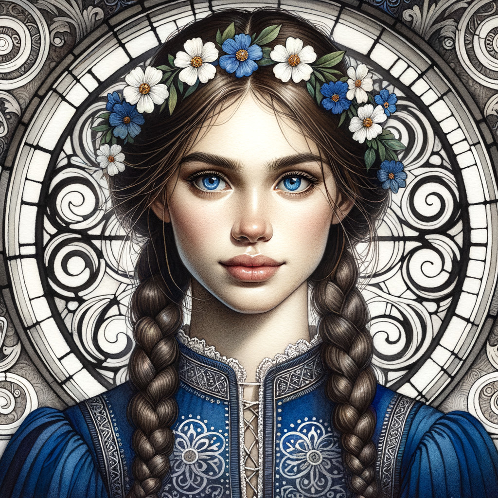 Young girl in blue dress with floral crown and serene gaze