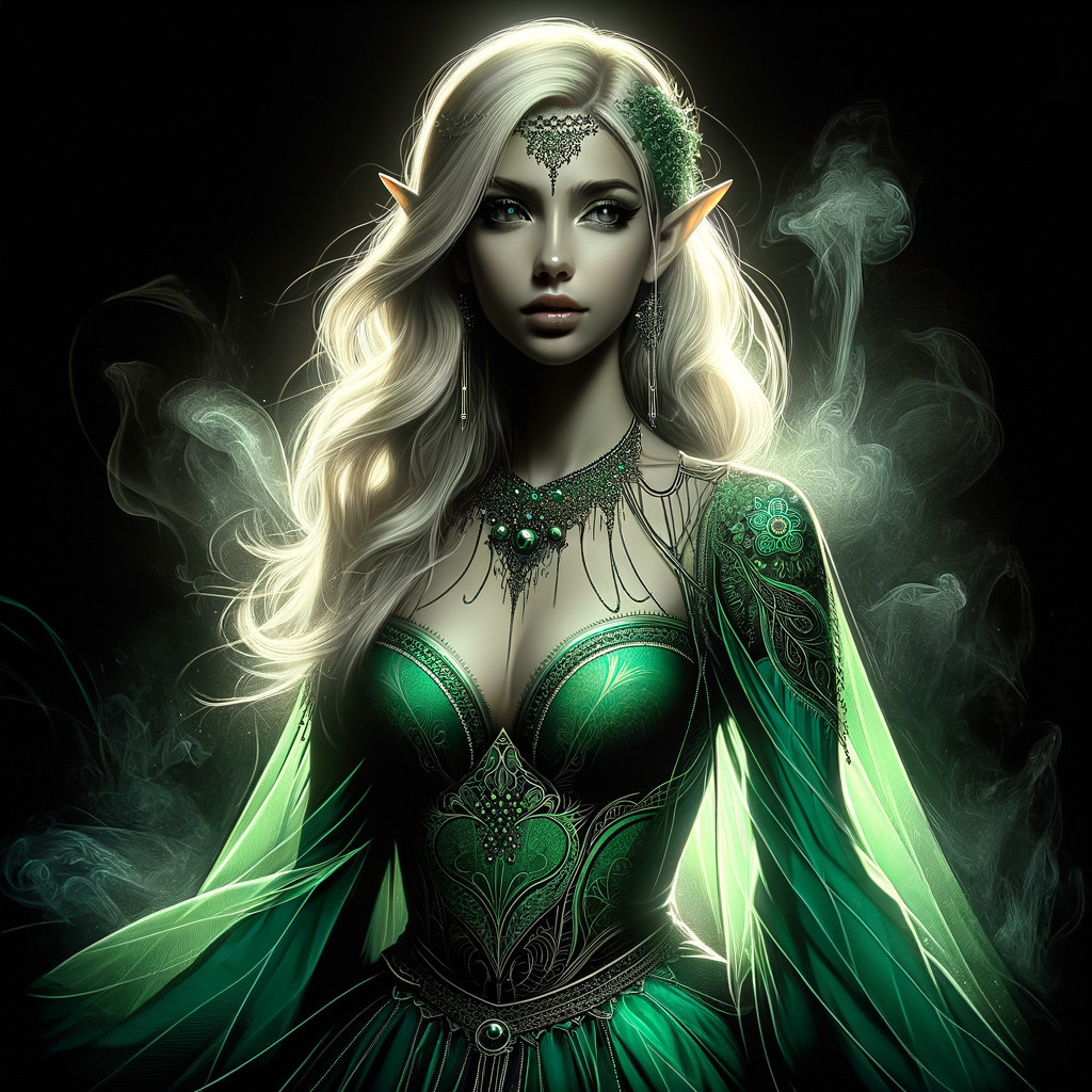 Mystical Elf with Silver Hair and Green Gown