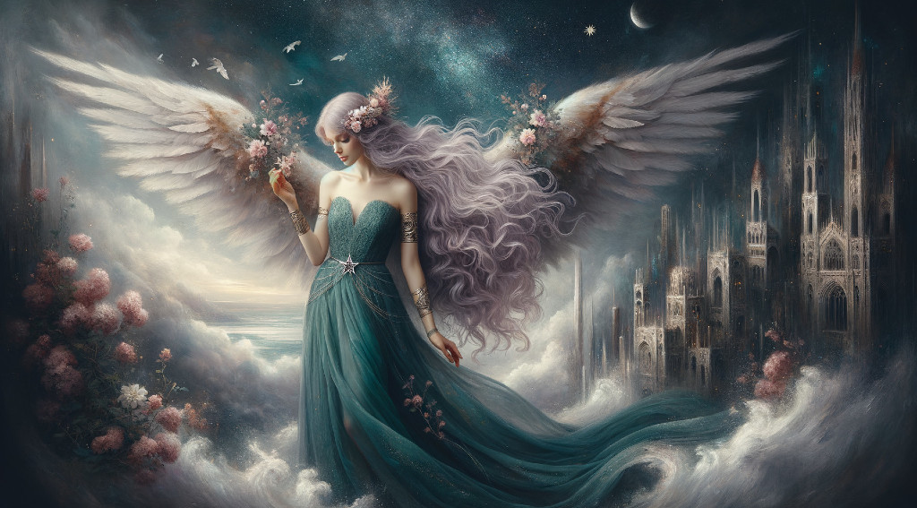 Serene angel in teal gown amidst dreamlike landscape