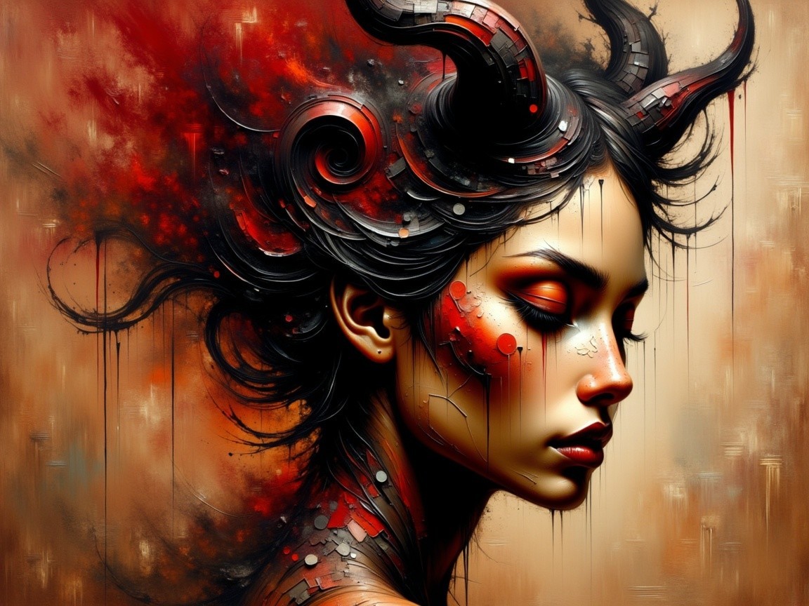 Portrait of a woman with horns and intricate skin patterns