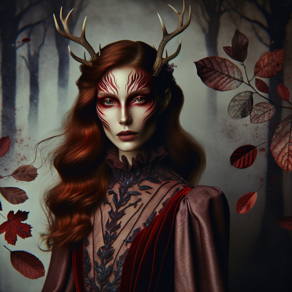 Model with auburn hair in a burgundy gown in forest