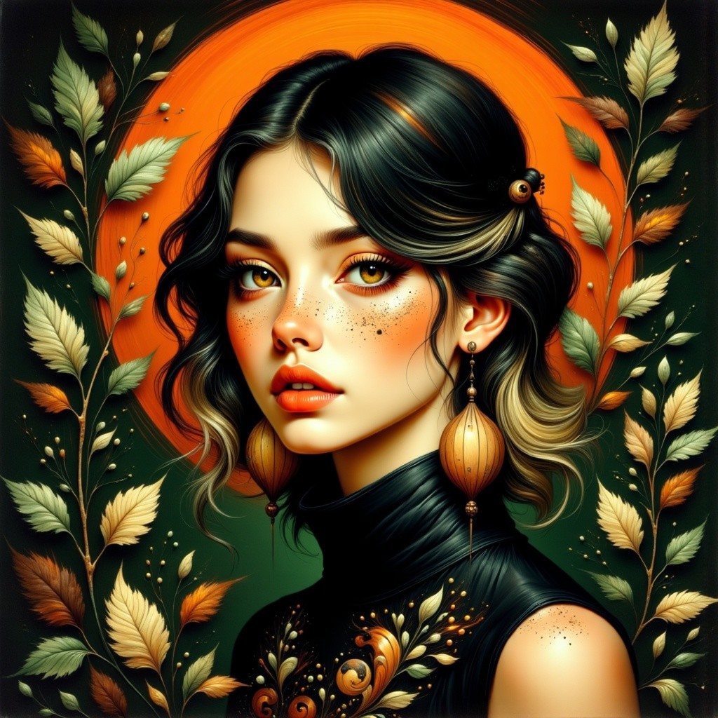 Young woman with wavy hair and vibrant orange halo