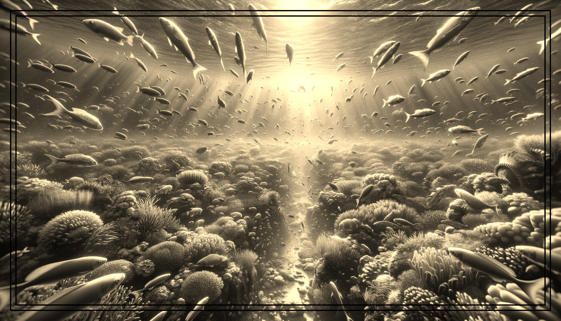 Sunlit Coral Reef Teeming with Fish in Sepia Underwater Scene