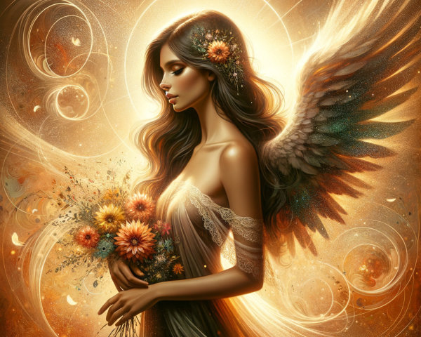 Ethereal Woman with Angelic Wings and Flowers