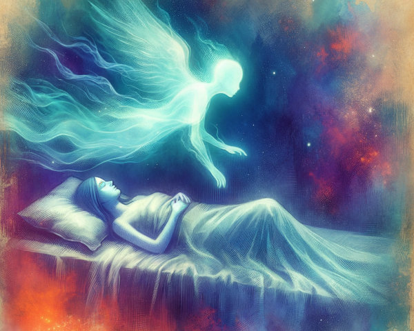Dreamlike scene with serene figure and glowing spirit