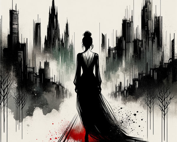 Mysterious Figure in Elegant Dress Overlooking Cityscape