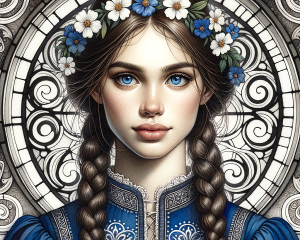 Young girl in blue dress with floral crown and serene gaze