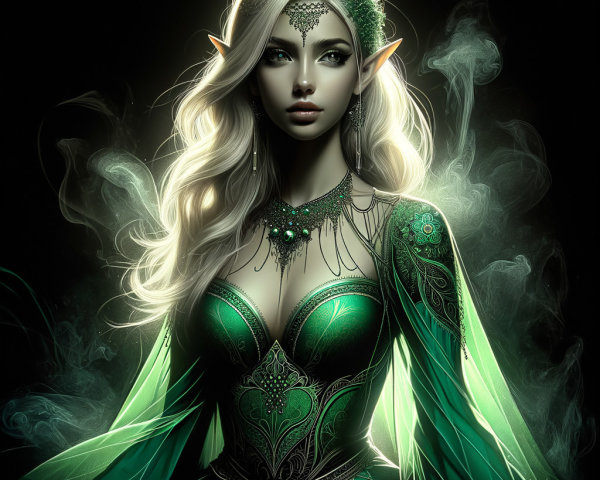 Mystical Elf with Silver Hair and Green Gown