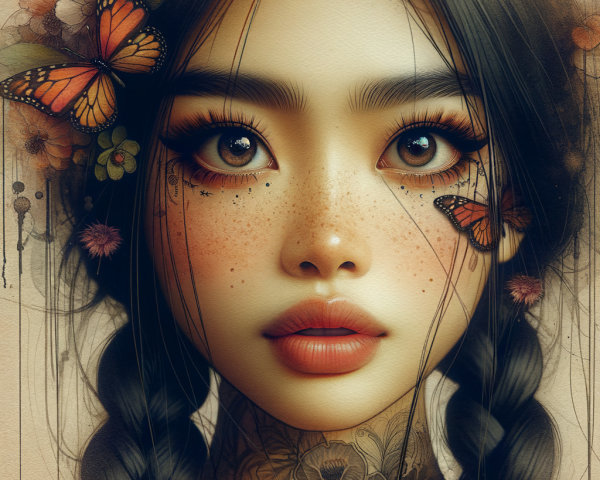 Young woman with braids and monarch butterflies