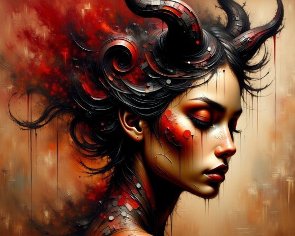 Portrait of a woman with horns and intricate skin patterns