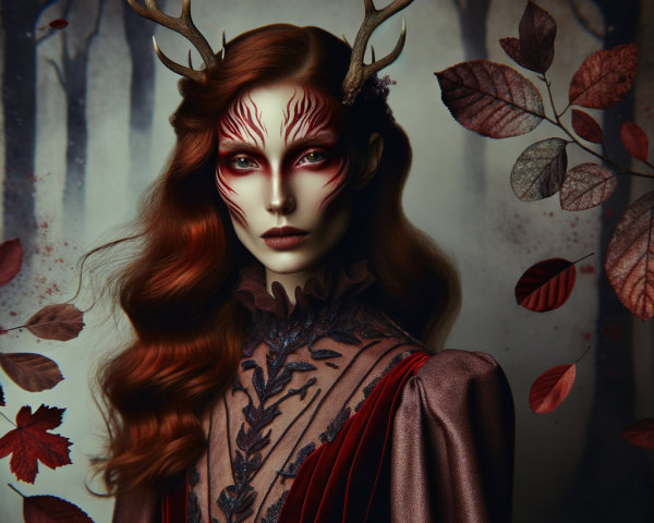 Model with auburn hair in a burgundy gown in forest