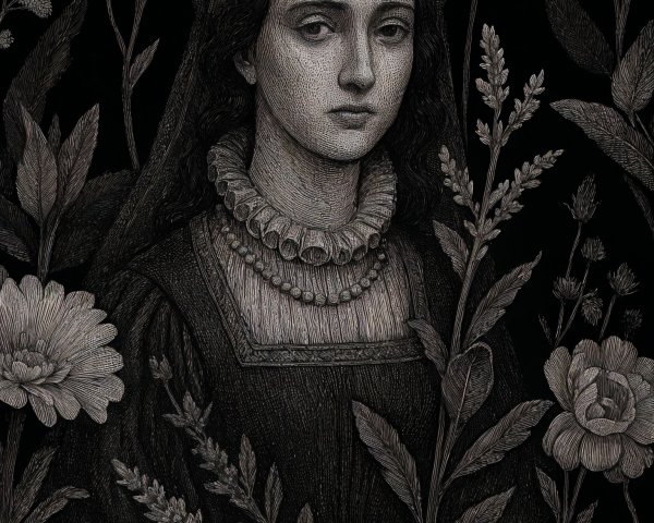 Solemn Woman in Historical Dress with Floral Background