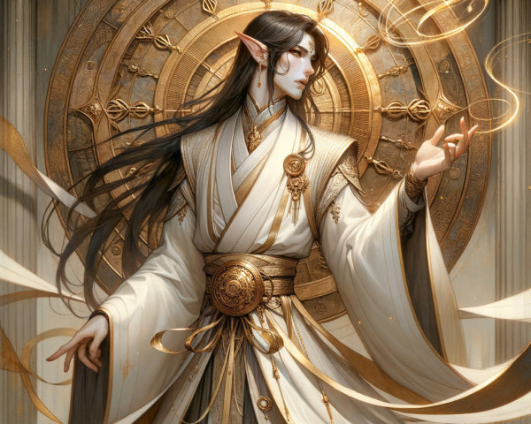 Ethereal figure in white robes with celestial backdrop