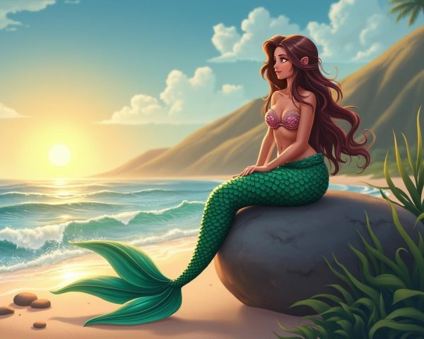 Mermaid by the Sea at Sunset with Lush Greenery