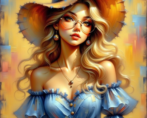 Young woman in off-shoulder dress with straw hat and glasses