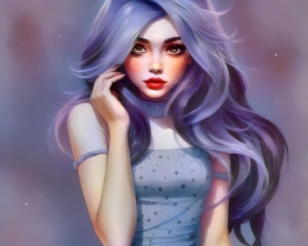 Young woman with lavender hair in star-patterned dress
