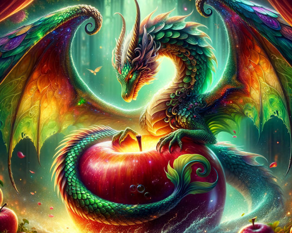 Vibrant dragon on glowing apple in mystical woodland