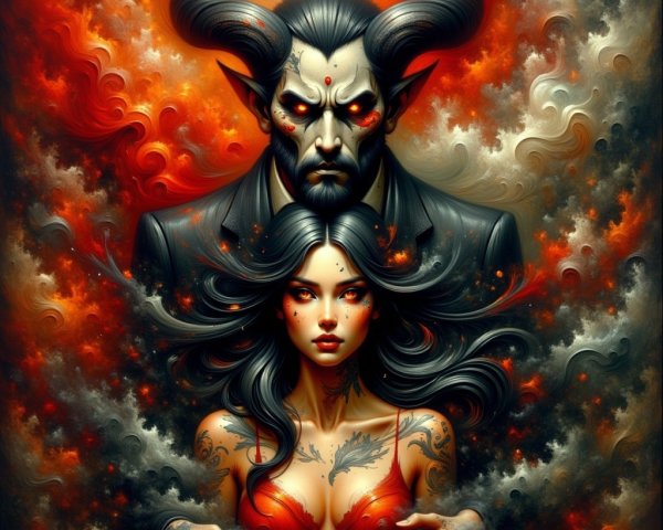 Devilish Figure Protecting Woman in Fiery Background