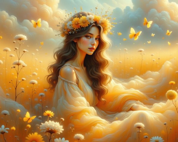 Young Woman in Flower Crown Amidst Golden Field