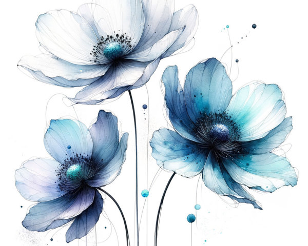 Elegant Trio of Blue and White Flowers with Detail