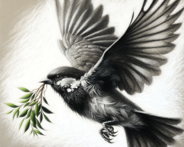 Illustration of a bird in flight with olive branch