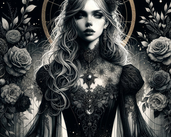 Ethereal Woman in Dark Gown Surrounded by Flowers