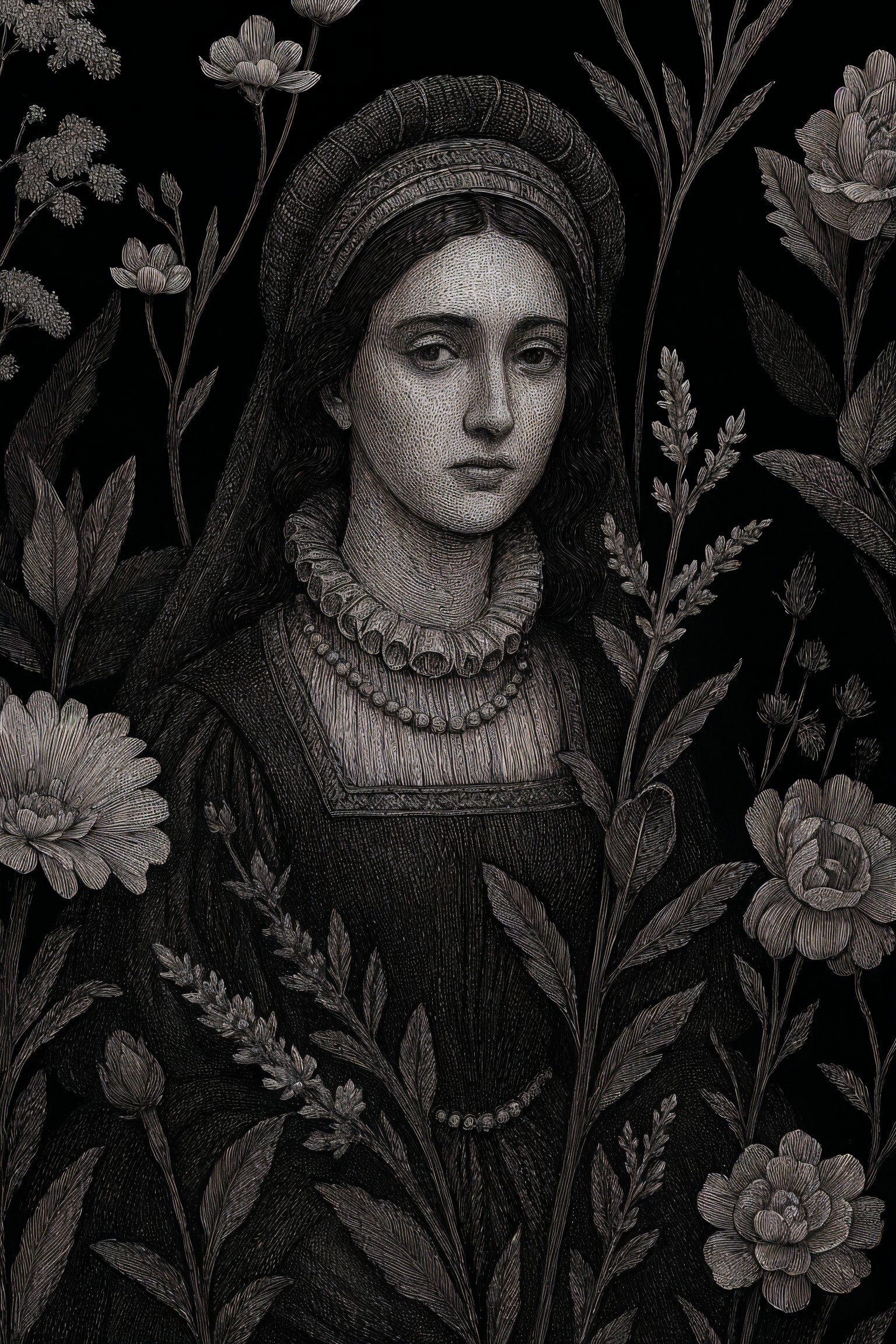 Solemn Woman in Historical Dress with Floral Background