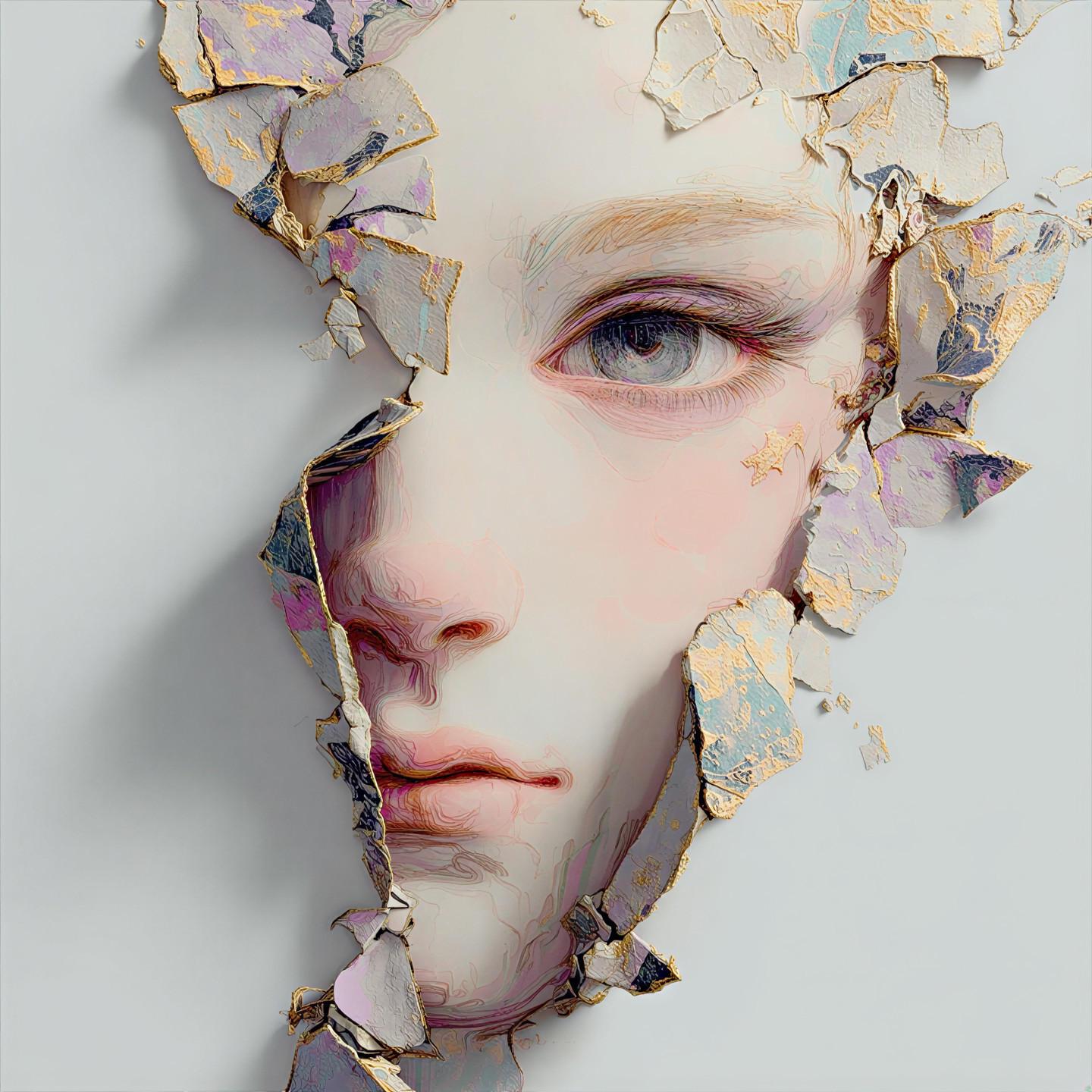 Ethereal Face in Fragmented Textured Layers