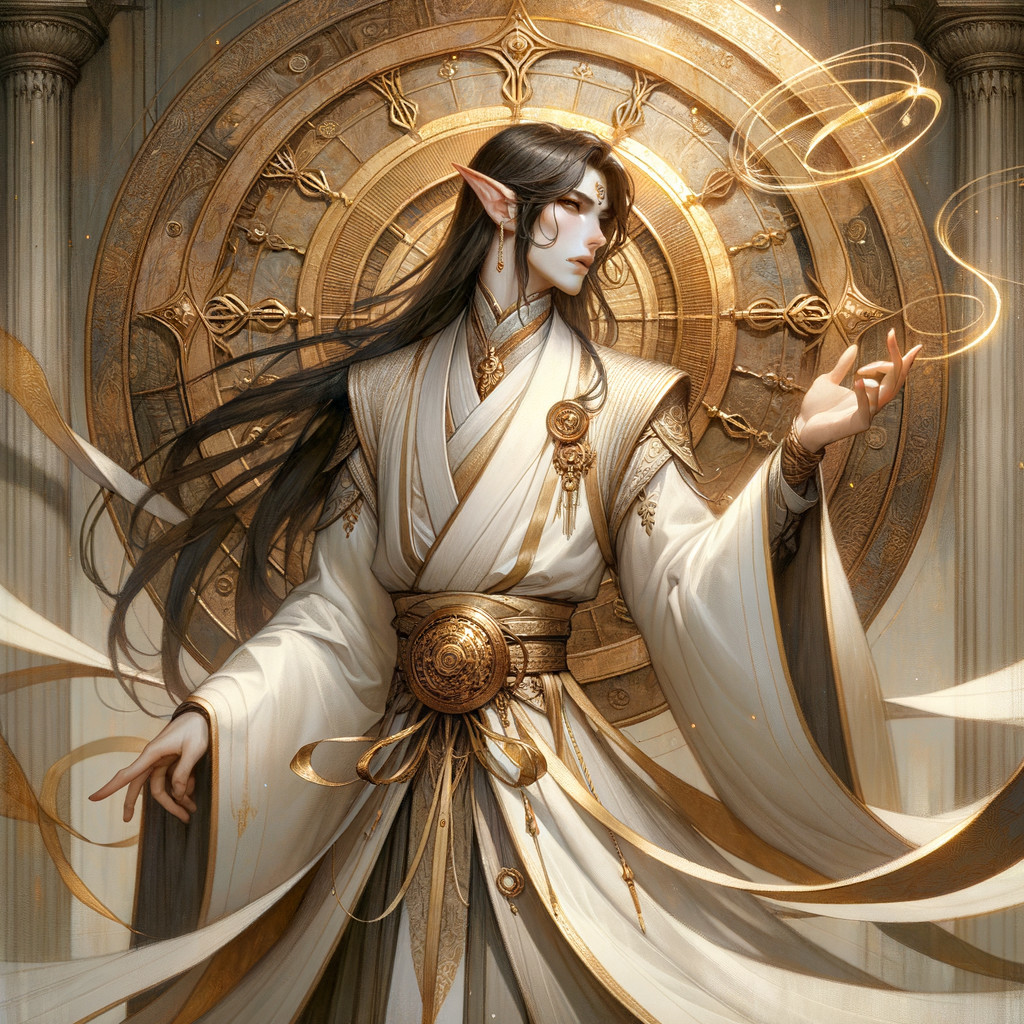 Ethereal figure in white robes with celestial backdrop