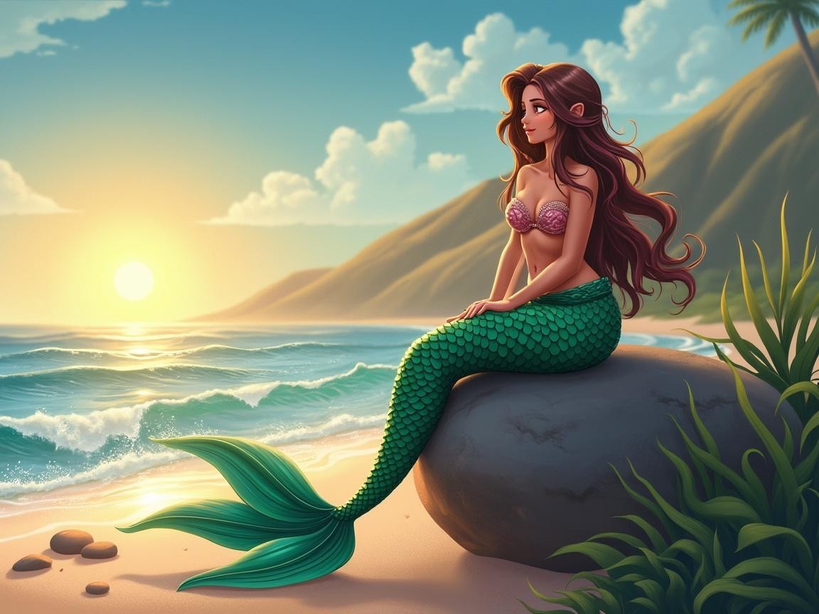 Mermaid by the Sea at Sunset with Lush Greenery