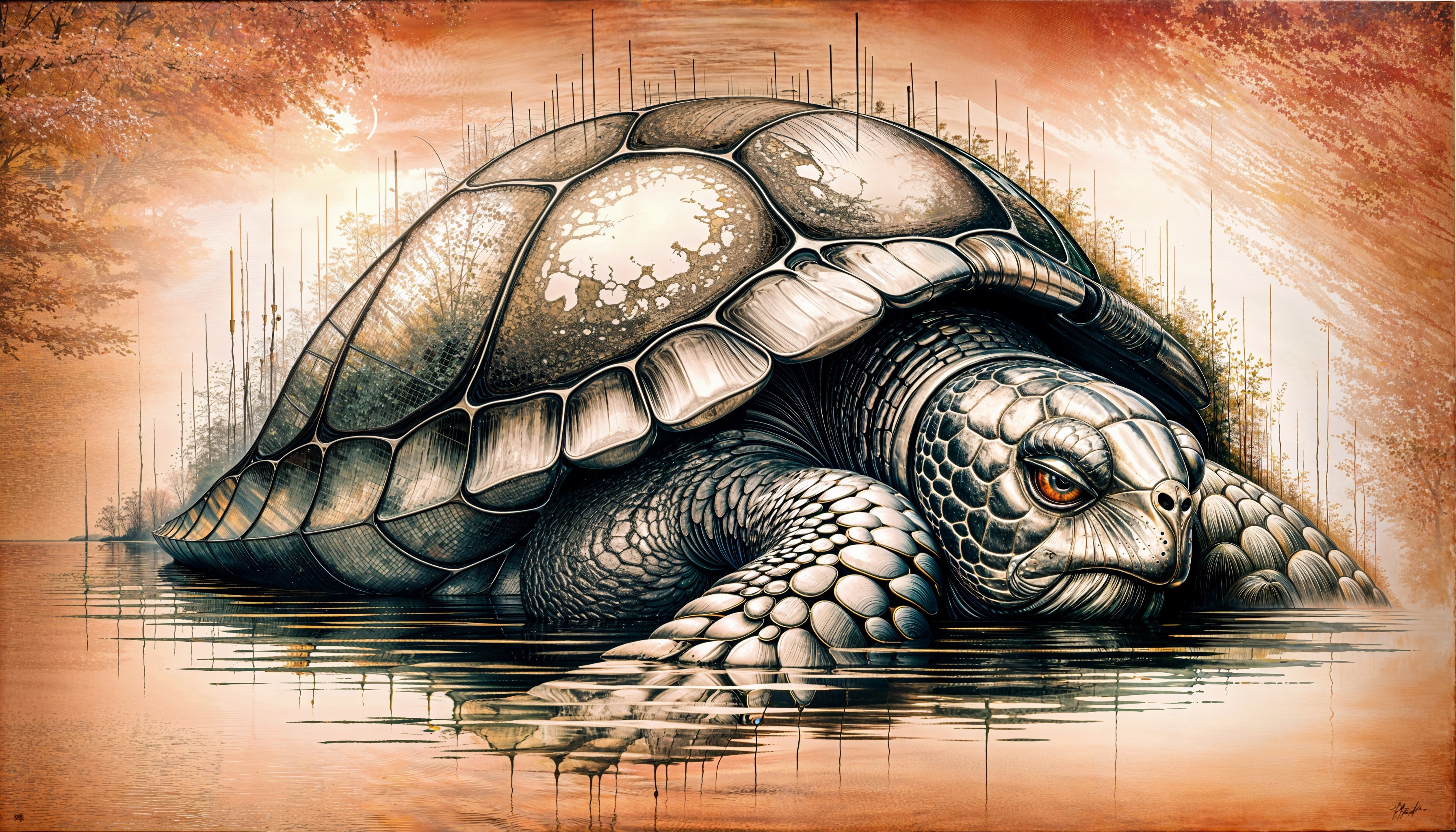 Artistic depiction of a turtle in tranquil water