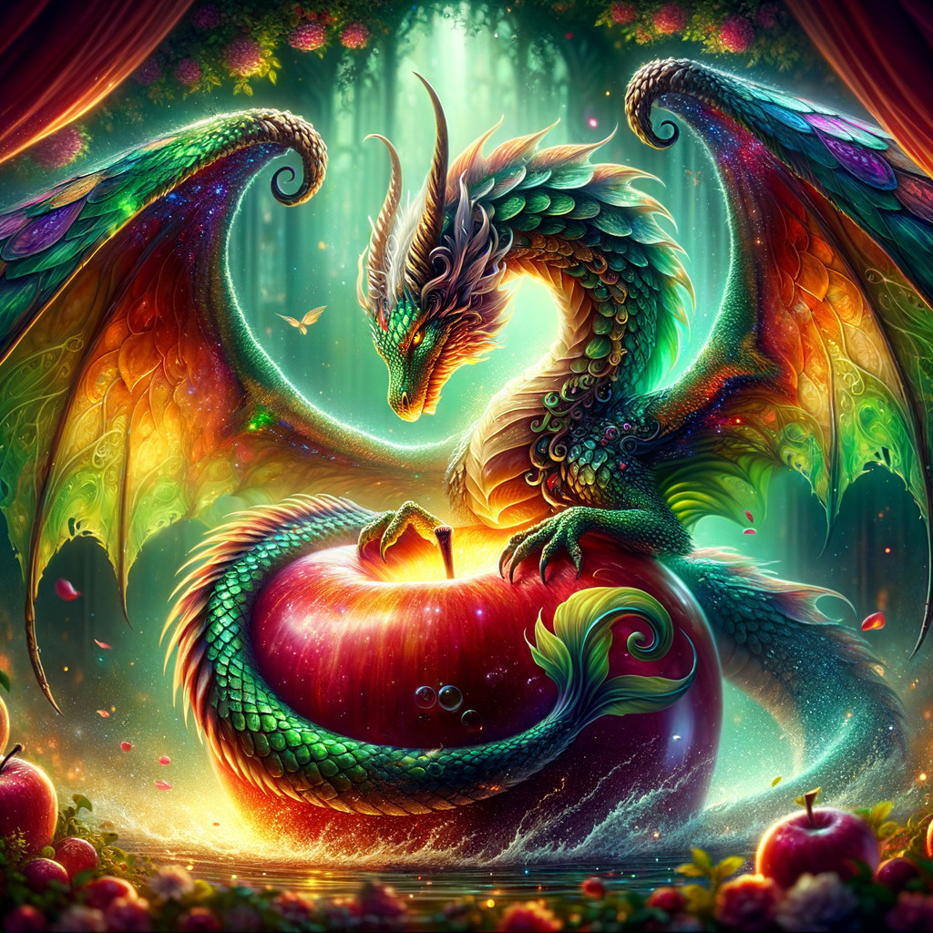 Vibrant dragon on glowing apple in mystical woodland