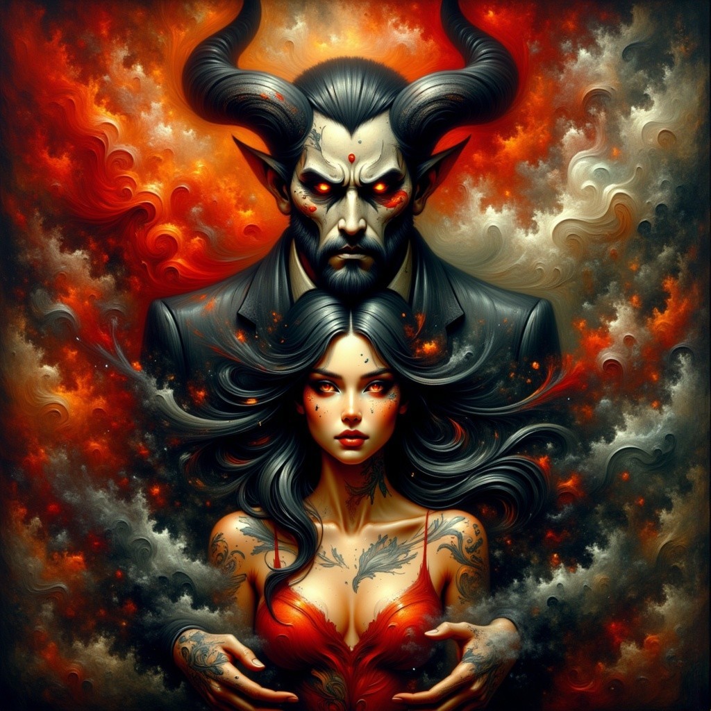 Devilish Figure Protecting Woman in Fiery Background
