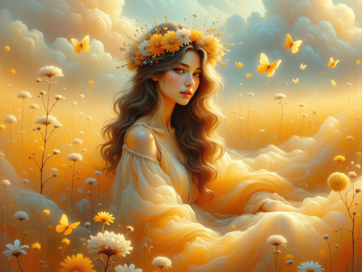Young Woman in Flower Crown Amidst Golden Field