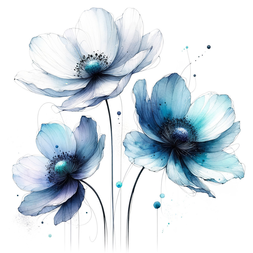 Elegant Trio of Blue and White Flowers with Detail