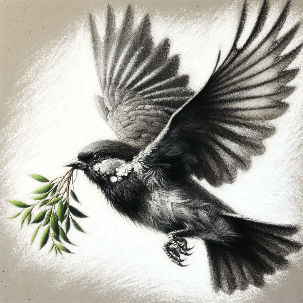Illustration of a bird in flight with olive branch