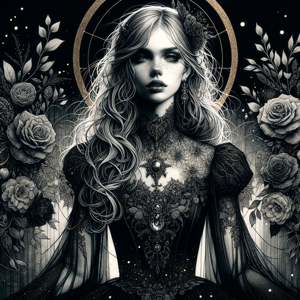 Ethereal Woman in Dark Gown Surrounded by Flowers
