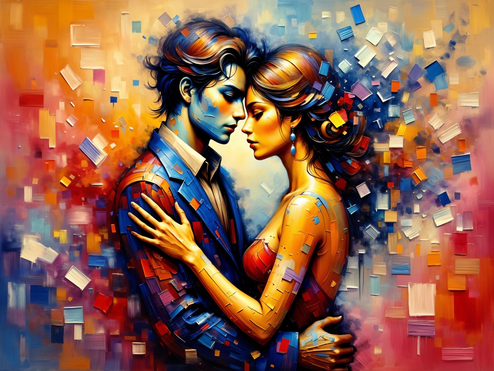 Abstract Couple Embracing with Bold Colors and Shapes