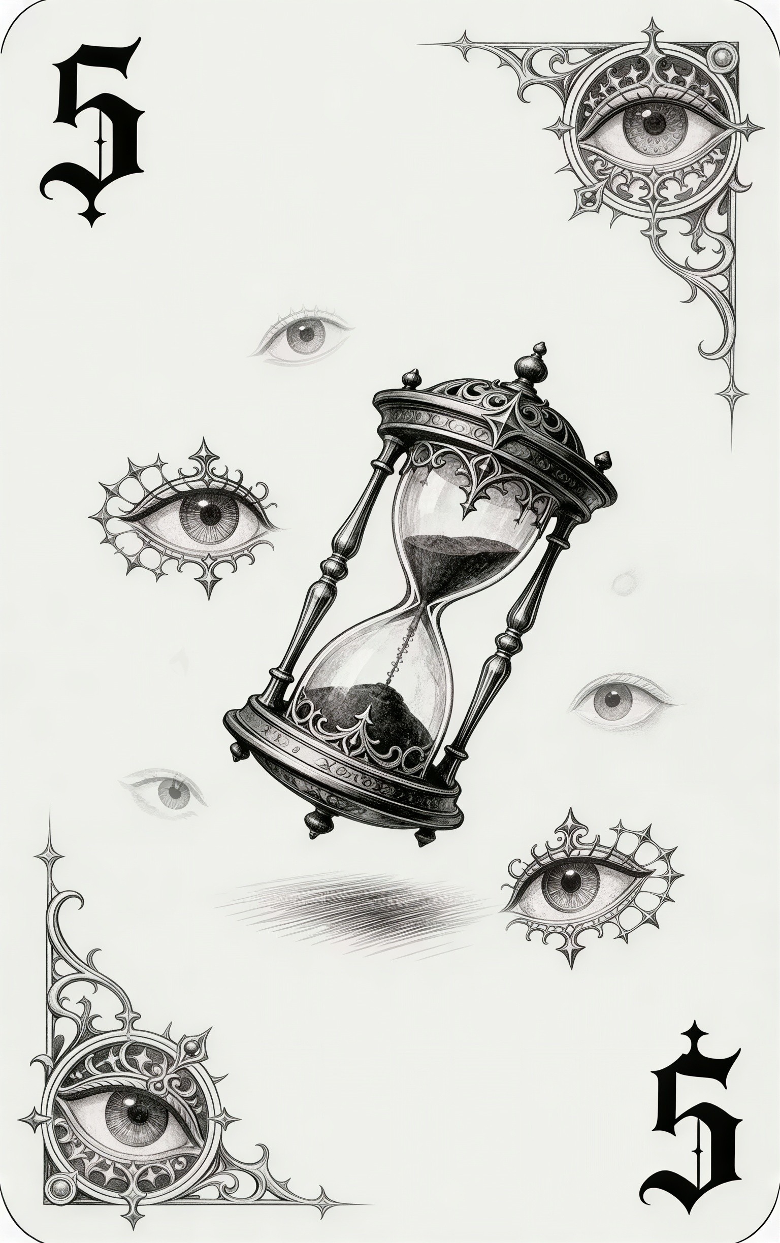 Ornate hourglass drawing with five surrounding eyes