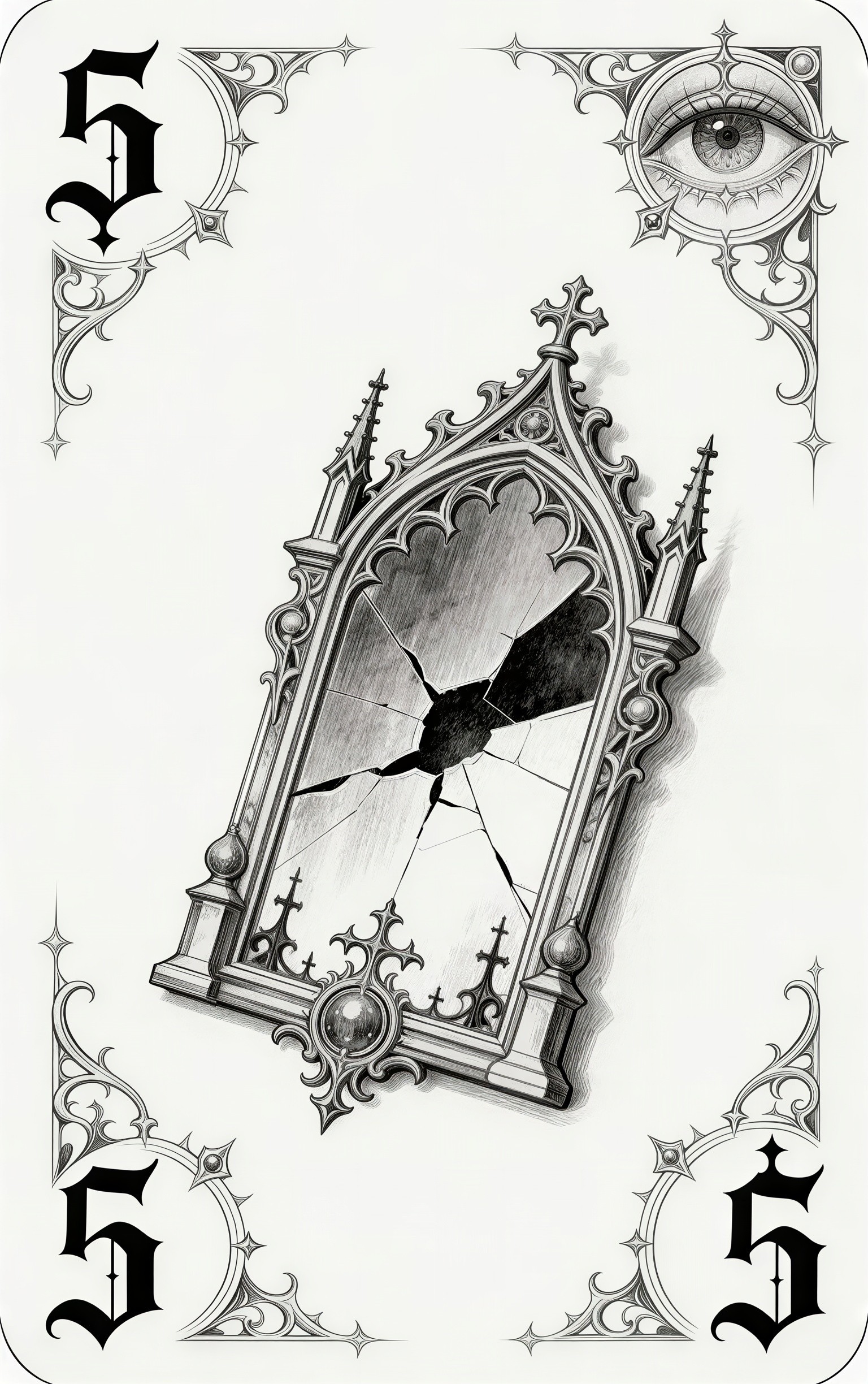 Gothic line art playing card with cracked mirror design